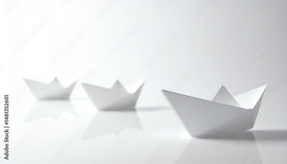 Poster three minimalist paper boats float on a reflective surface, exuding a sense of calm and simplicity a