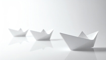 Three minimalist paper boats float on a reflective surface, exuding a sense of calm and simplicity against a soft white background