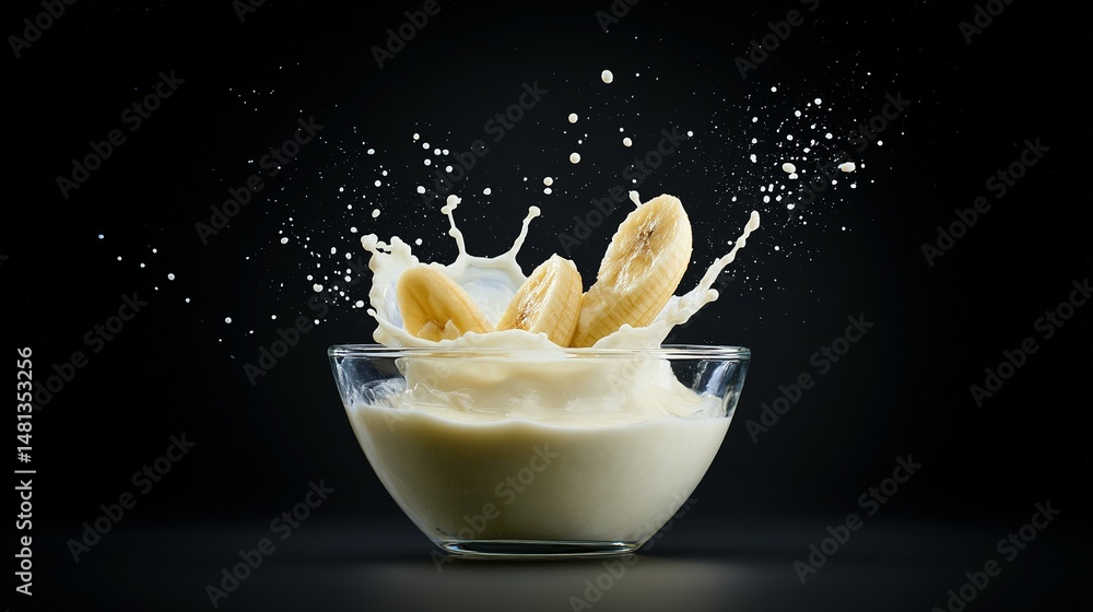 Poster banana slices exploding in a splash of milk.