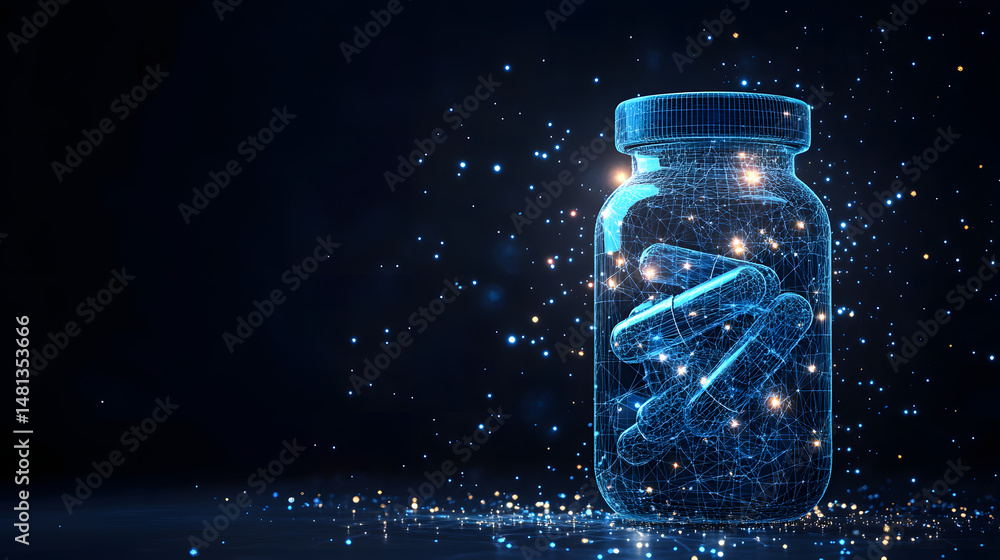 Poster futuristic medicine bottle filled with glowing capsules represented as a blue wireframe. dark blue b