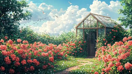 Obraz premium Serene rose garden with greenhouse lush landscape illustrative style dreamy atmosphere