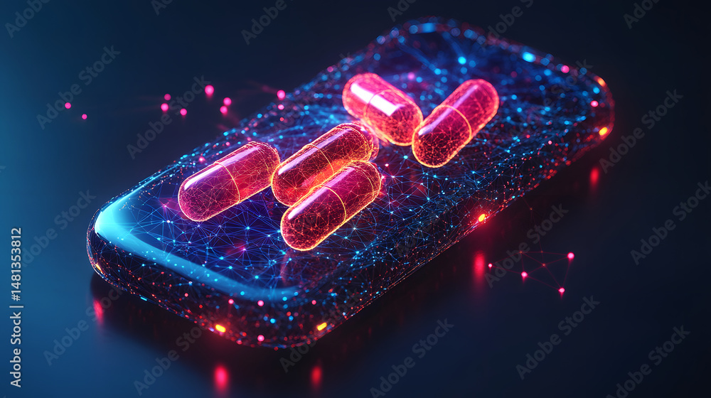 Aufkleber futuristic mobile technology with digital pink capsules for health. the glowing wireframe smartphone