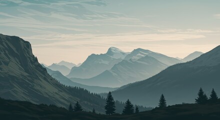 Mountain Range View with Pine Trees