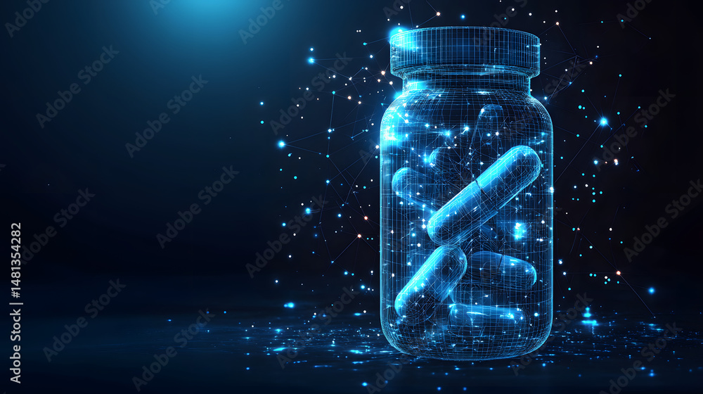 Poster futuristic medicine bottle concept. digital capsules in a blue wireframe bottle surrounded by a netw