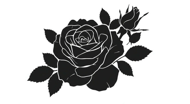 Black silhouette of rose. Illustration of black silhouette of rose with rosebud and leaves on a white background.
