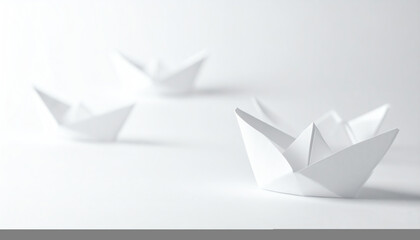 White paper boats float gently on a minimalistic background, evoking a sense of tranquility and simplicity