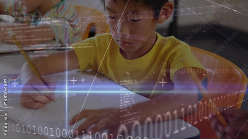 Poster boy in yellow t-shirt leaning over notebook in classroom, showing animated binary numbers flare