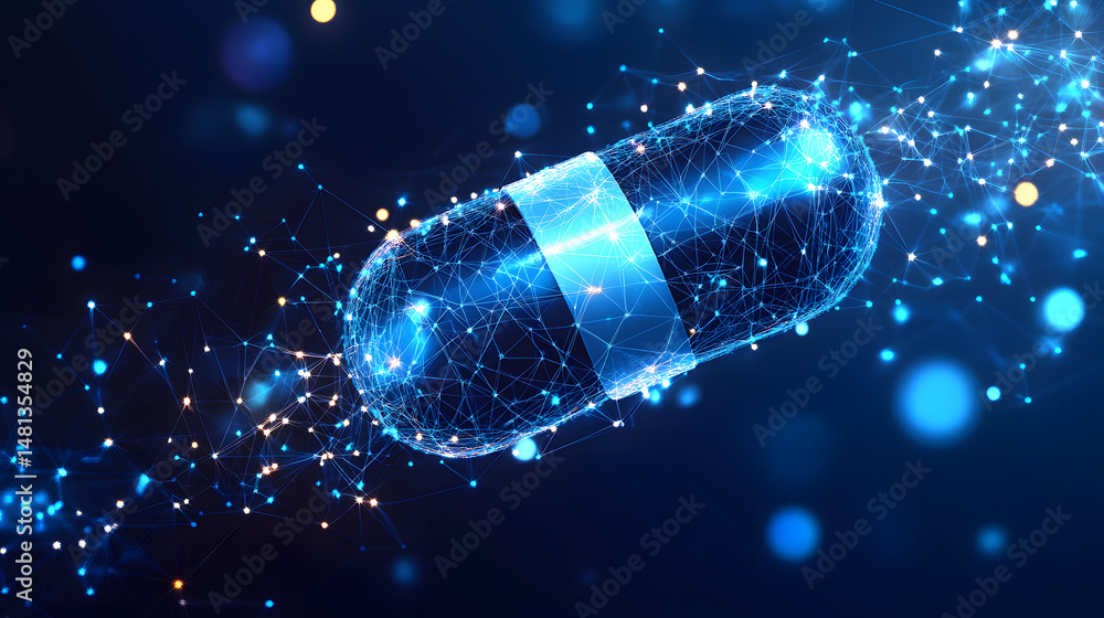 Fototapete Futuristic pill illustration depicting advanced medication or technology. Interconnected lines create a glowing effect against a dark backdrop. Abstract wireframe in dark blue.