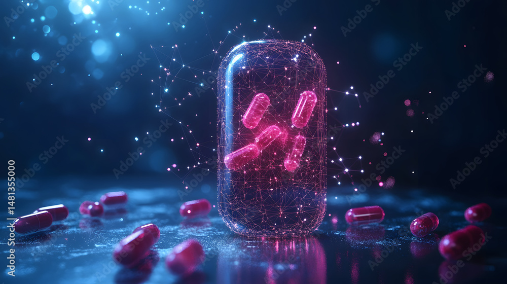 Leinwandbilder futuristic pink capsules glow within a wireframe matrix against a dark blue backdrop. reflective sur