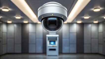 A security camera monitors an empty, well-lit room with an ATM against the far wall.