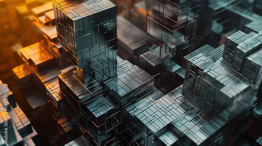 Poster abstract digital cityscape of metallic geometric structures with illuminated elements