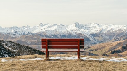 Red Bench Against Snowy Mountain Peaks Serene Landscape Scenery Tranquil Outlook Majestic Alps Freedom