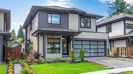 Modern two-story house with manicured lawn and landscaping