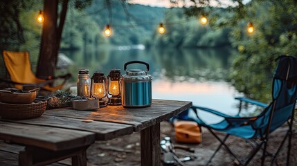Camping scene with lanterns and food on a wooden table near a lake under string lights at dusk