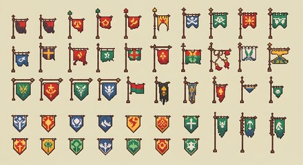 Pixel Art Collection of Medieval Flags on Stands