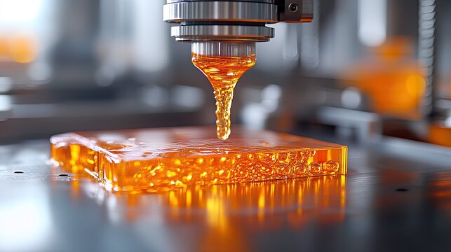 Close up of a machine dispensing orange liquid onto a square object in a controlled environment