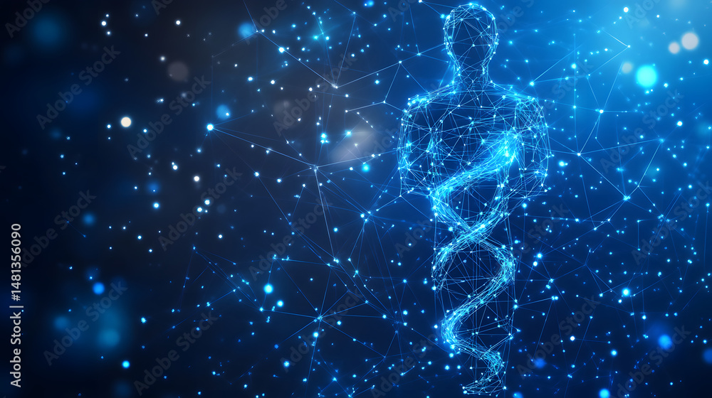 Poster futuristic tech visual featuring a wireframe human figure with a dna helix inside. networked lights 