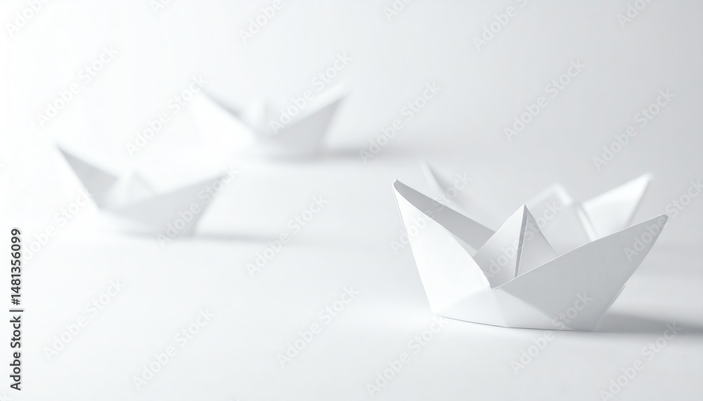 Poster white paper boats float gently on a minimalistic background, evoking a sense of tranquility and simp