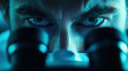 Intense focus of scientist with a microscope examining scientific sample in a high tech laboratory