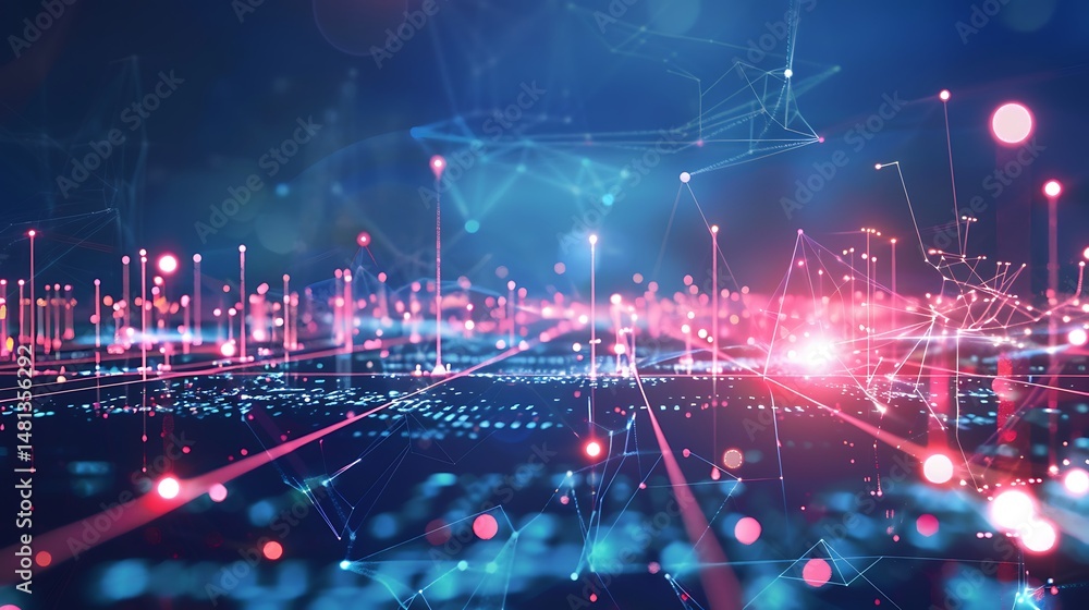 Poster abstract digital network visualization with red and blue lights