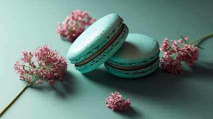Fototapeta premium Two turquoise macarons with chocolate filling rest on a soft green surface, surrounded by scattered delicate pink flowers, creating a fresh and elegant presentation.