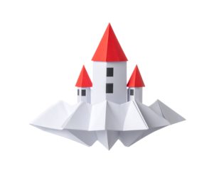 Origami Paper Castle with Red Roofs on Transparent Background