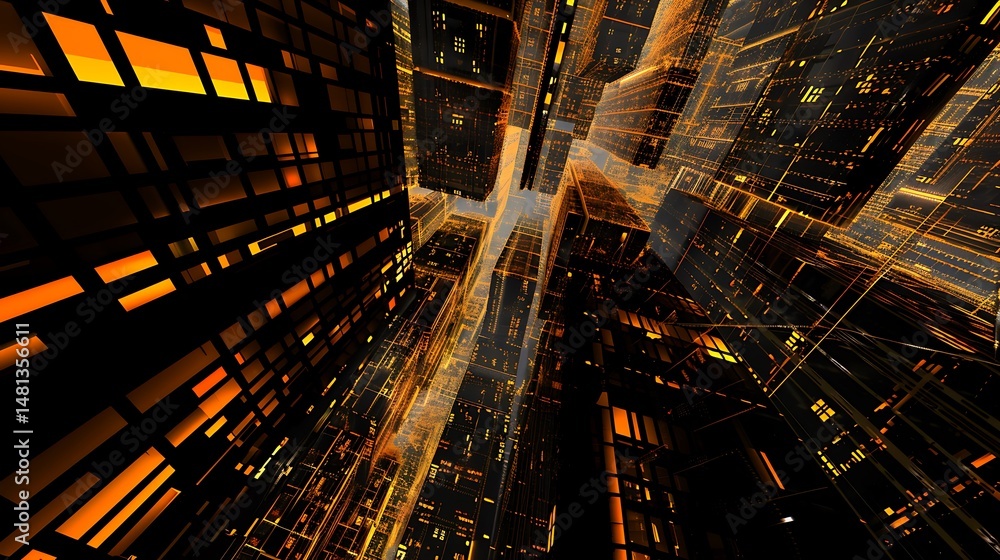 Poster abstract digital orange light grid structure with dark background