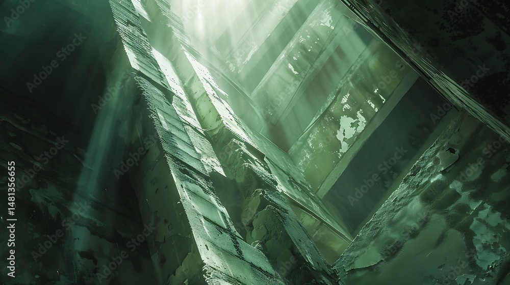 Poster abstract digital rendering of green geometric structure with light beams and shadows