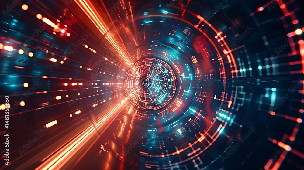 Poster abstract digital tunnel of light with blue and orange data streams