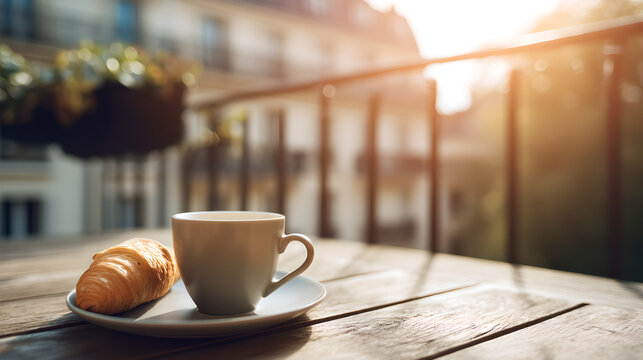 Coffee Cup and Fresh Croissant on Outdoor Table - Powered by Adobe