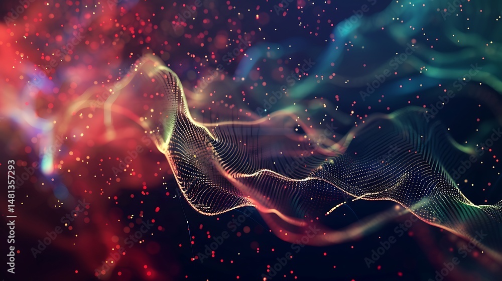Poster abstract digital wave with colorful particles floating against dark background