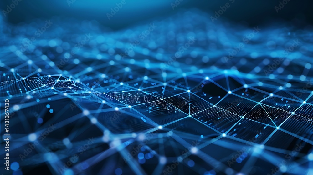 Poster abstract digital network visualization with blue light and grid formation