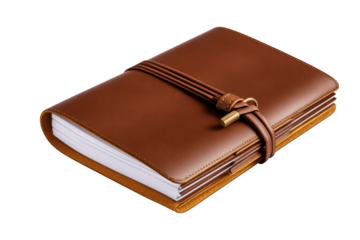 Leather bound journal with strap on transparent background