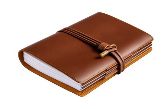 Leather bound journal with strap on transparent background