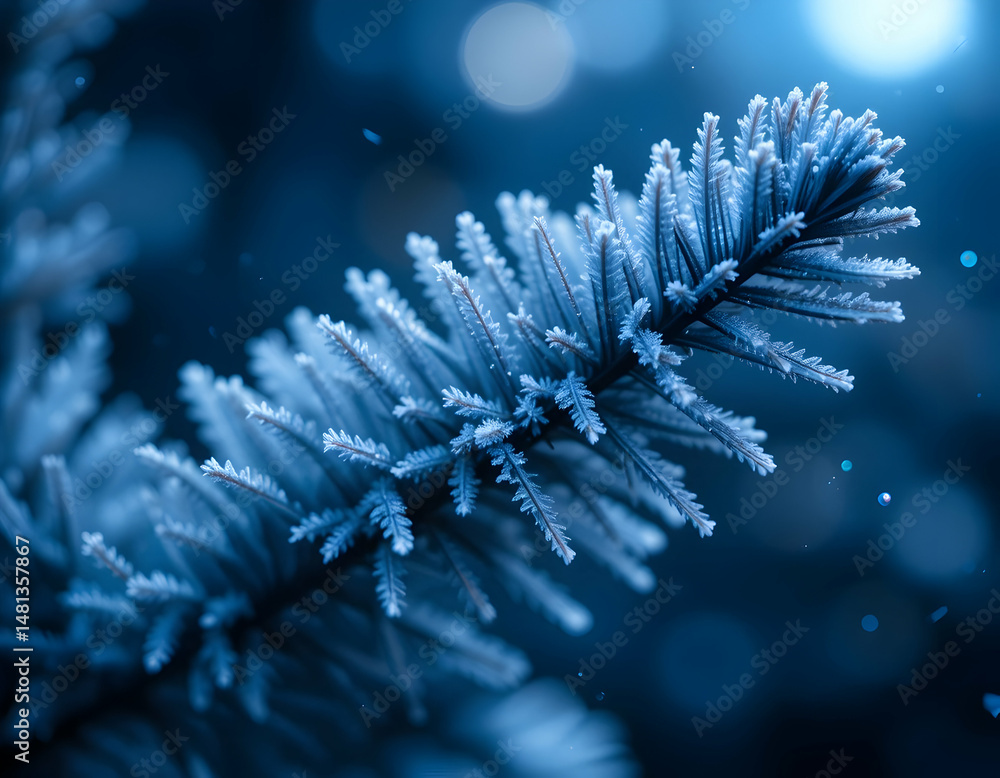 Poster frosty pine branch close-up in winter with bokeh background