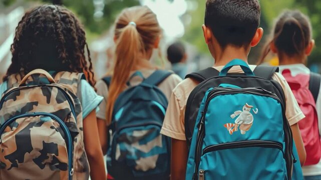 Backpackers on the Journey of Learning: A candid shot of students, seen from the back, as they journey together. Embracing education's path, adorned with backpacks, symbolizing curiosity and growth.
