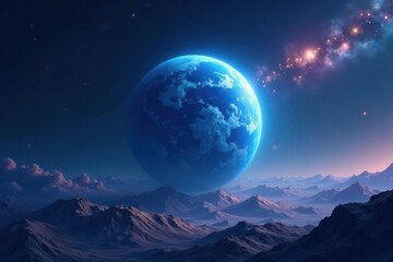 A Celestial Body Rising Over a Mystical Mountain Range, a Breathtaking View of an Extraterrestrial Landscape Under a Starry Sky