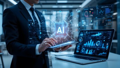 Fototapeta premium Business Professional Using AI-Powered Data Analytics Interface on Tablet and Laptop in Modern Office with Futuristic Virtual Dashboard Visualization and Smart Technology Integration