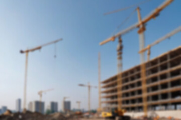 blurry building project, building construction using large cranes, showing the atmosphere of project work without any humans, with a blurry construction project background.