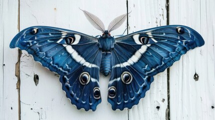 Majestic Blue Moth on White Wood