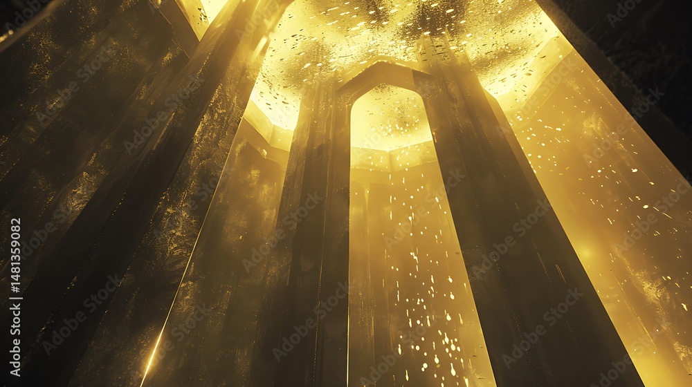 Poster abstract golden light interior scene with illuminated columns and sparkling texture