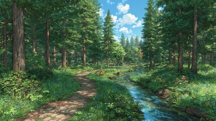Obraz premium Serene Forest Stream Nature Trail Lush Greenery Summer Sunlight