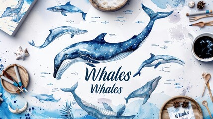Watercolor whales illustration collection