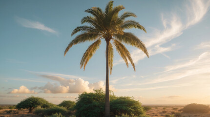 grassy tropical field with high palm tree under open blue sky peaceful outdoor photo summer warm tones plant photo for botanical wallpaper background