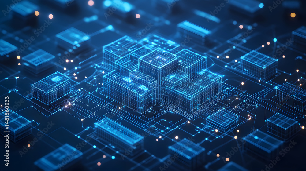 Aufkleber Futuristic network visualization with glowing blue blocks interconnected by lines. Represents advanced technology, data flow, and complex systems. Abstract wireframe in dark blue.