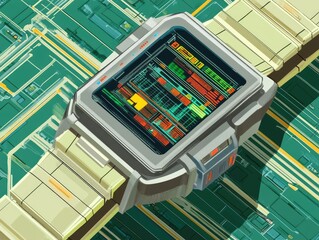 Fototapeta premium Futuristic digital watch with intricate circuit board design.