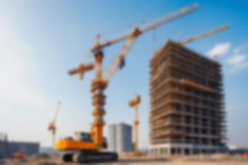 blurry building project, building construction using large cranes, showing the atmosphere of project work without any humans, with a blurry construction project background.