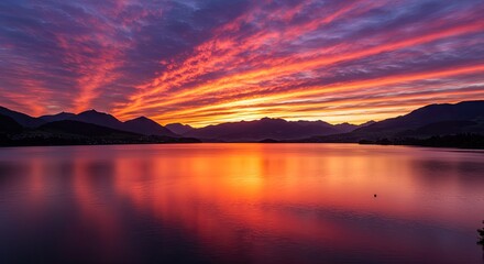 Naklejka premium Vivid sunset over tranquil lake