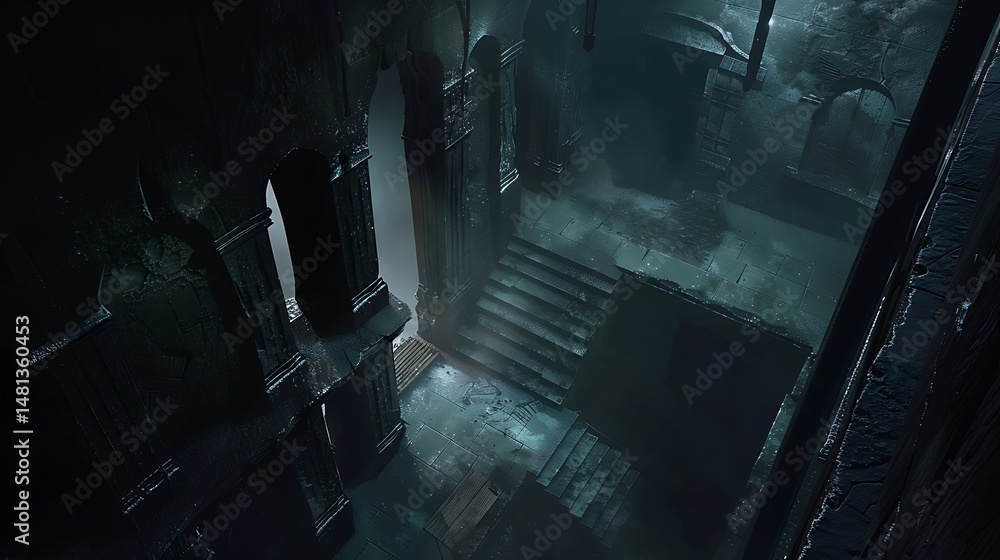 Poster abstract pixelated architecture with dark interior atmospheric scene and geometric pattern