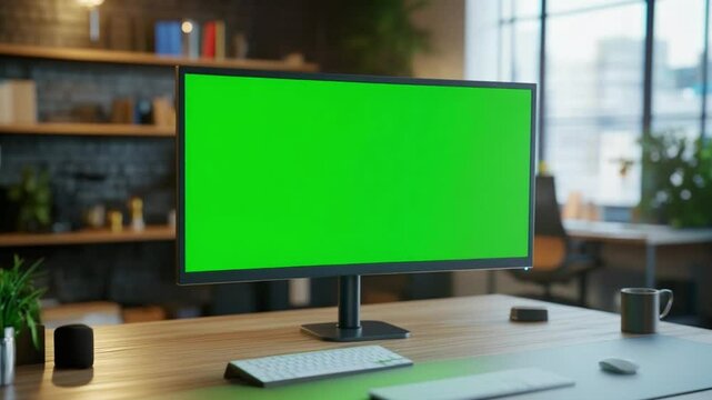 Modern Workspace with Green Screen Monitor: A sleek, modern workspace featuring a desktop computer with a vibrant green screen, ready for your content. The setup is stylish and professional.